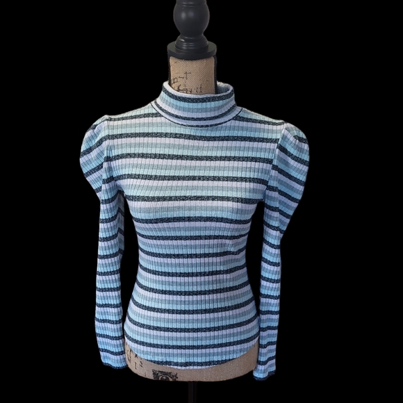 Maeve Tops - Maeve from Anthropologie blue and navy striped puff sleeve turtleneck size small